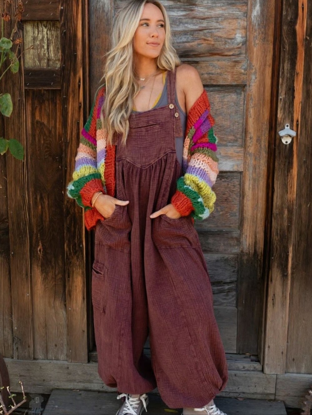 Three Bird Nest Coastal Muse Wide Leg Jumpsuit Overalls Plum Burgundy S